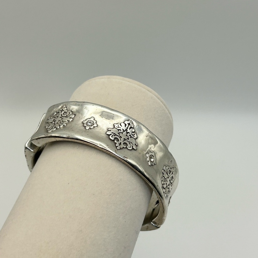 Brighton Wide Cuff Bracelet Floral Motifs Crystals Silver Plated Hinge Chunky